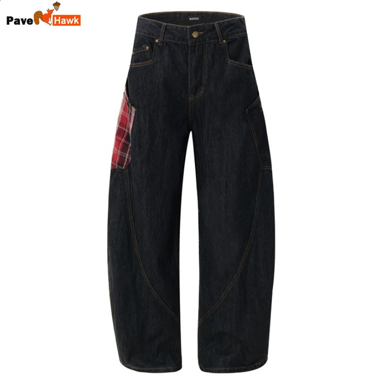 Plaid Patchwork Hip Hop Mens Jeans American High Street Big Pocket Couple Denim Pants Color Block Wide Legs Cowboy Trousers 250218