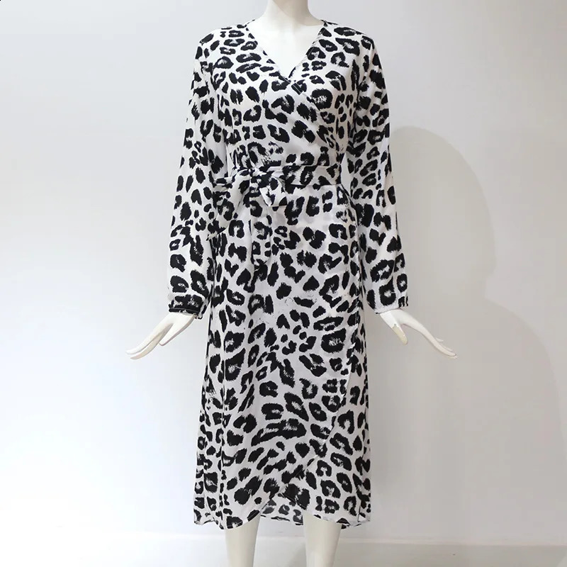 Fashion V-neck Long Sleeve Leopard Print Midi Dress Women Autumn Elegant Vintage Office Ladies Dresses For Women Robe Femme 250218