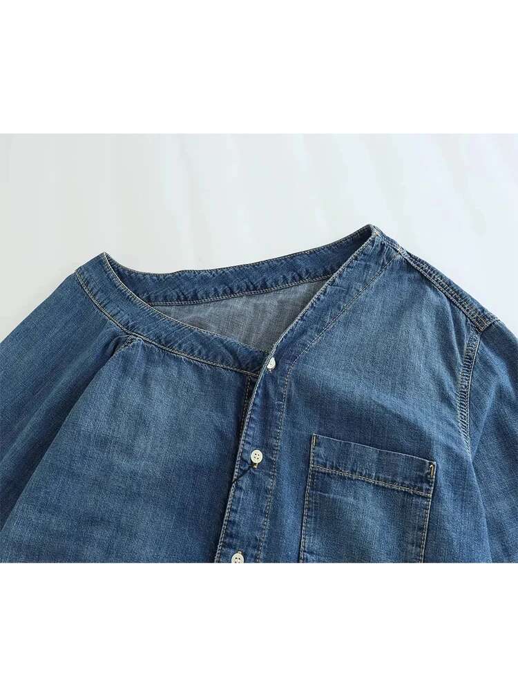 Trasymmetric Denim Blue Button Up Shirt Woman Oversized Shirts And Blouses For Women Long Sleeve Top Female