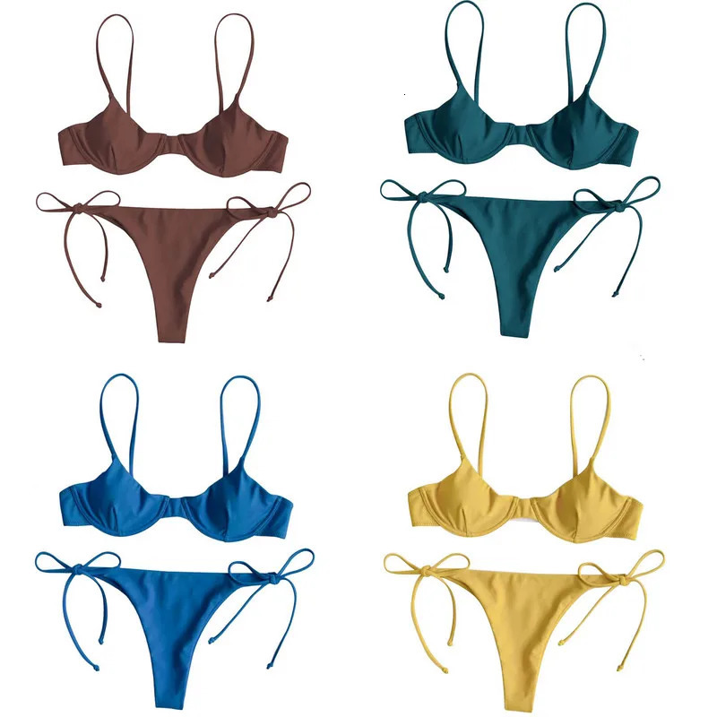 Womens Split Swimsuit Set Solid ColorPrinted Vneck Bikini Lace Up Panties for Summer 250219