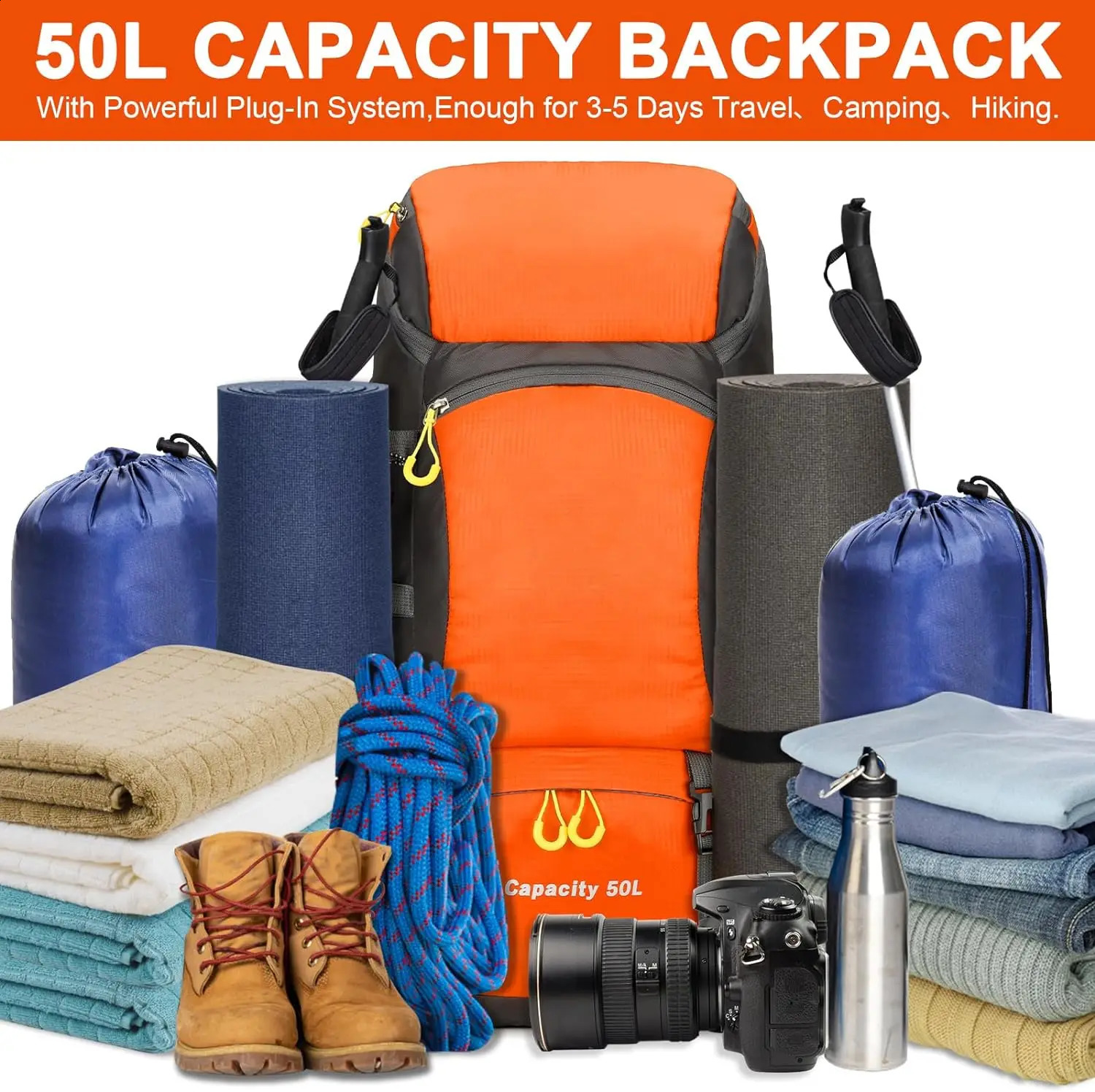 Hiking Backpack Waterproof 50L Lightweight Travel with Rain Cover for Camping Trekking Walking Outdoor Sports 250118