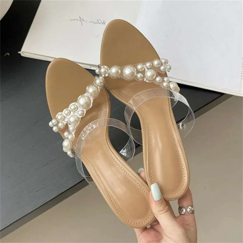 Summer String Bead PVC Transparent Slippers Women High Heels Sandals Fashion Open Toe Party Female Shoes Large Size 43