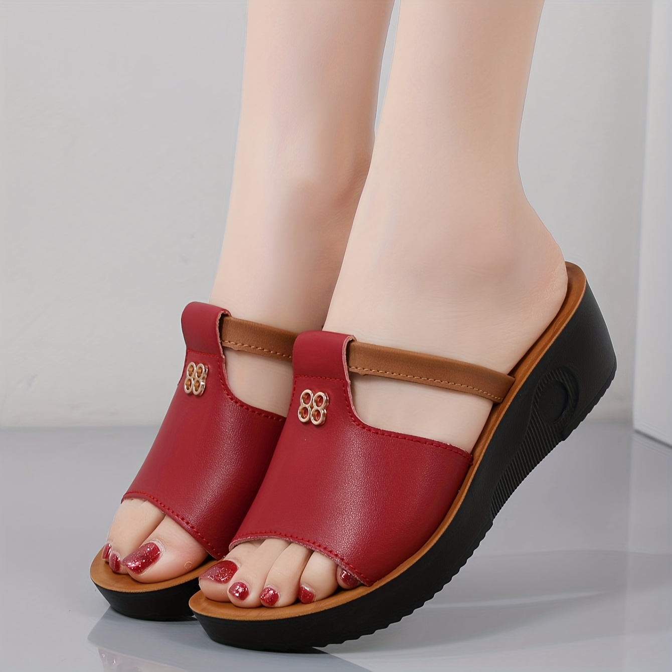 Women's black and brown faux covered wedge sandals - floral embellished open-toed pull-over shoes with comfortable thick soles for casual wear