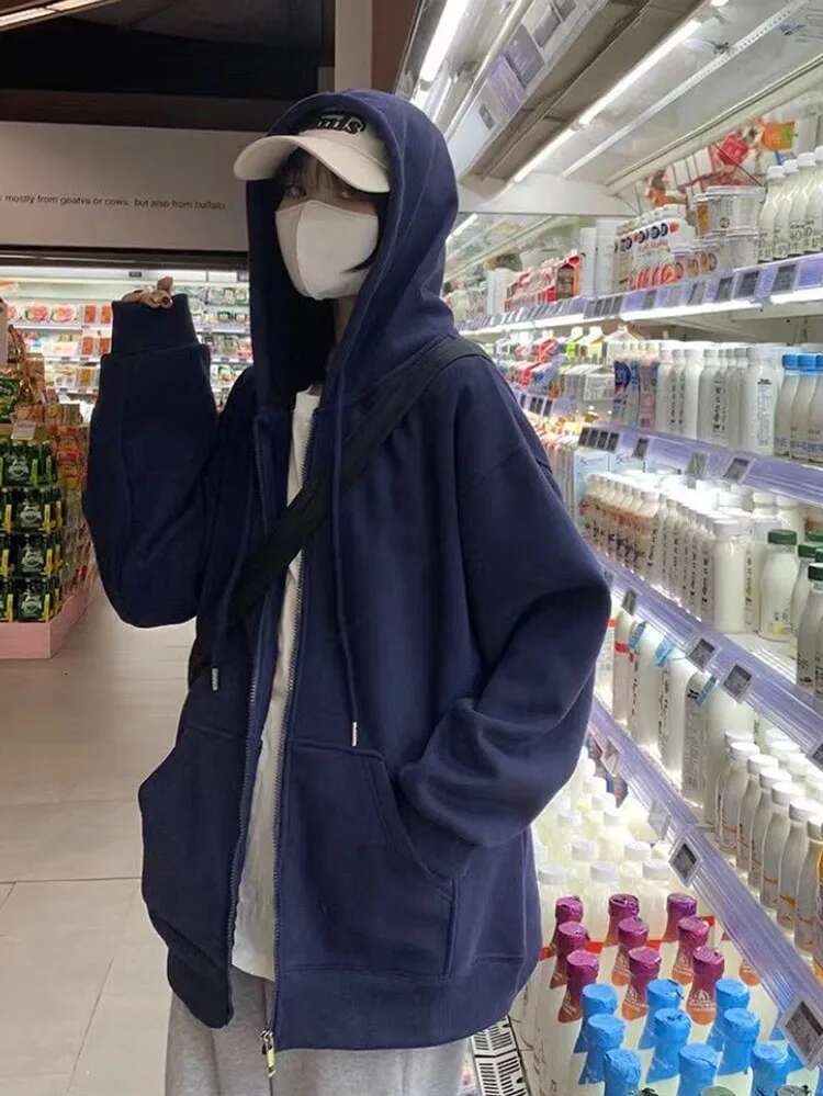 Korean Fashion Zipper Hood Sweatshirt Women Spring Long Sleeve Tops Casual Y2k Hoodies Streetwear Haruku Loose Jackets Coats