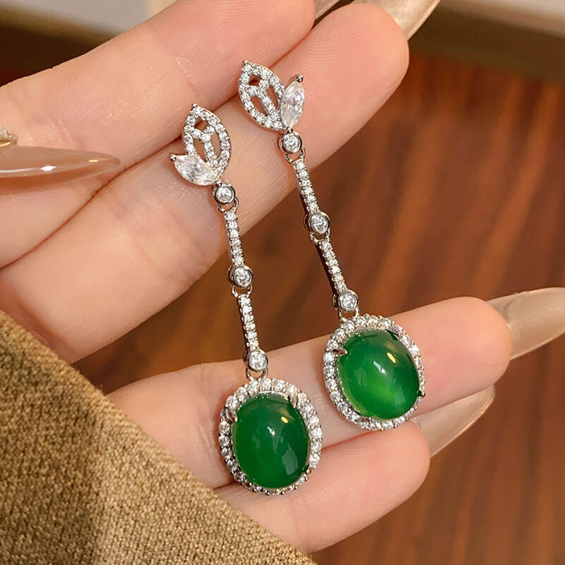 New set of copper jewelry S sier needle inlaid high ice green chalcedony goddess long earrings ring