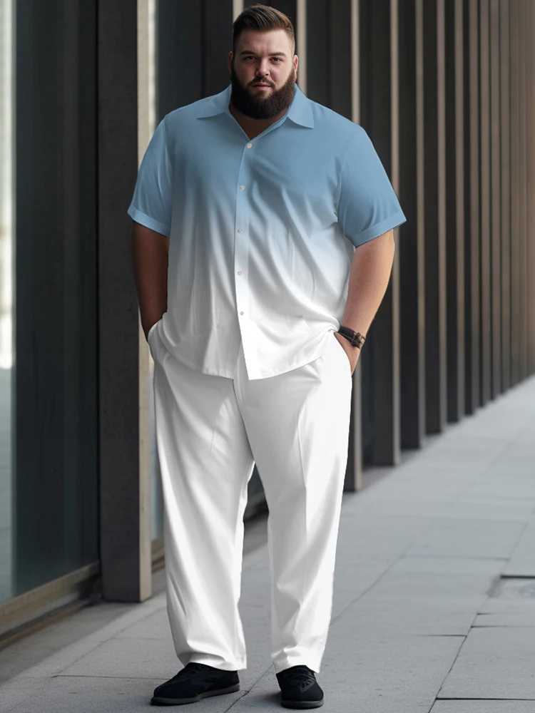 ZOOY (L-9XL) Mens Large Set Waist 166cm Gradient Color Block Texture Simple Casual Short sleeved Shirt and Pants SetXJ250218