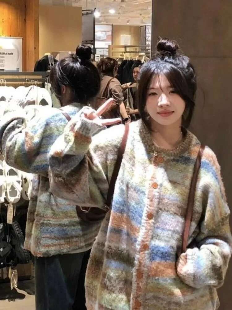 Women Fashion Sweet Y2k Aesthetic Coats Vintage Haruku Contrast Color Sweaters Loose All Match New Grunge Cardigans Japanese