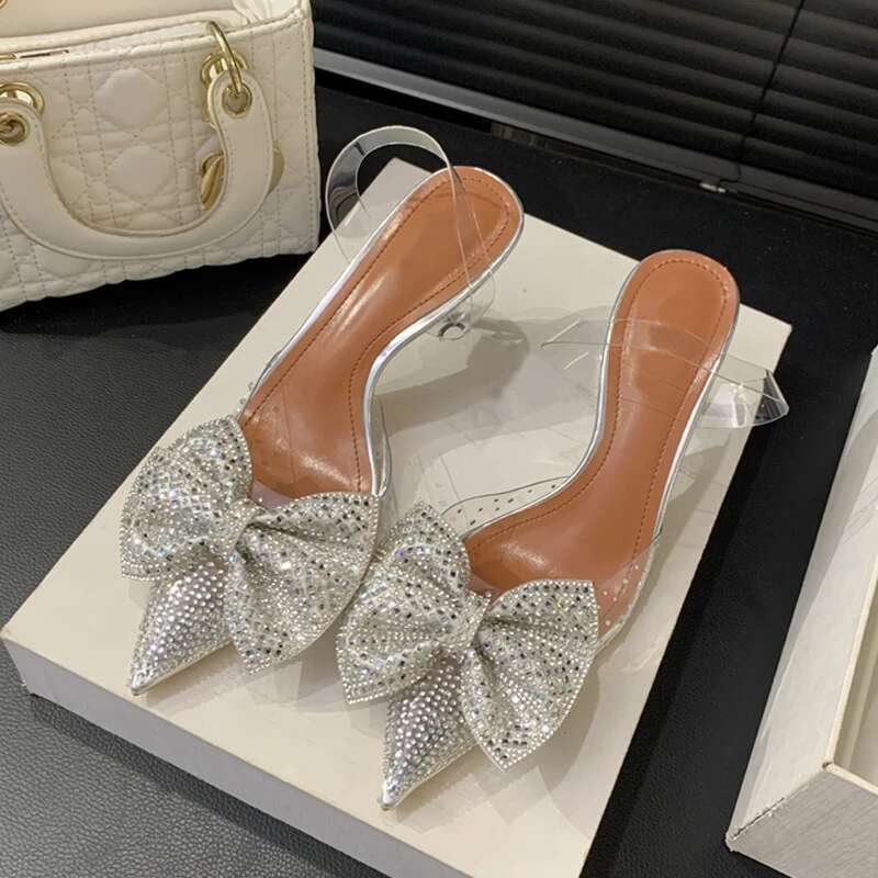 Crystal Bowknot PVC Transparent Women Pumps Champagne Sier Pointed Toe Low Heels Sandals Prom Party Shoes