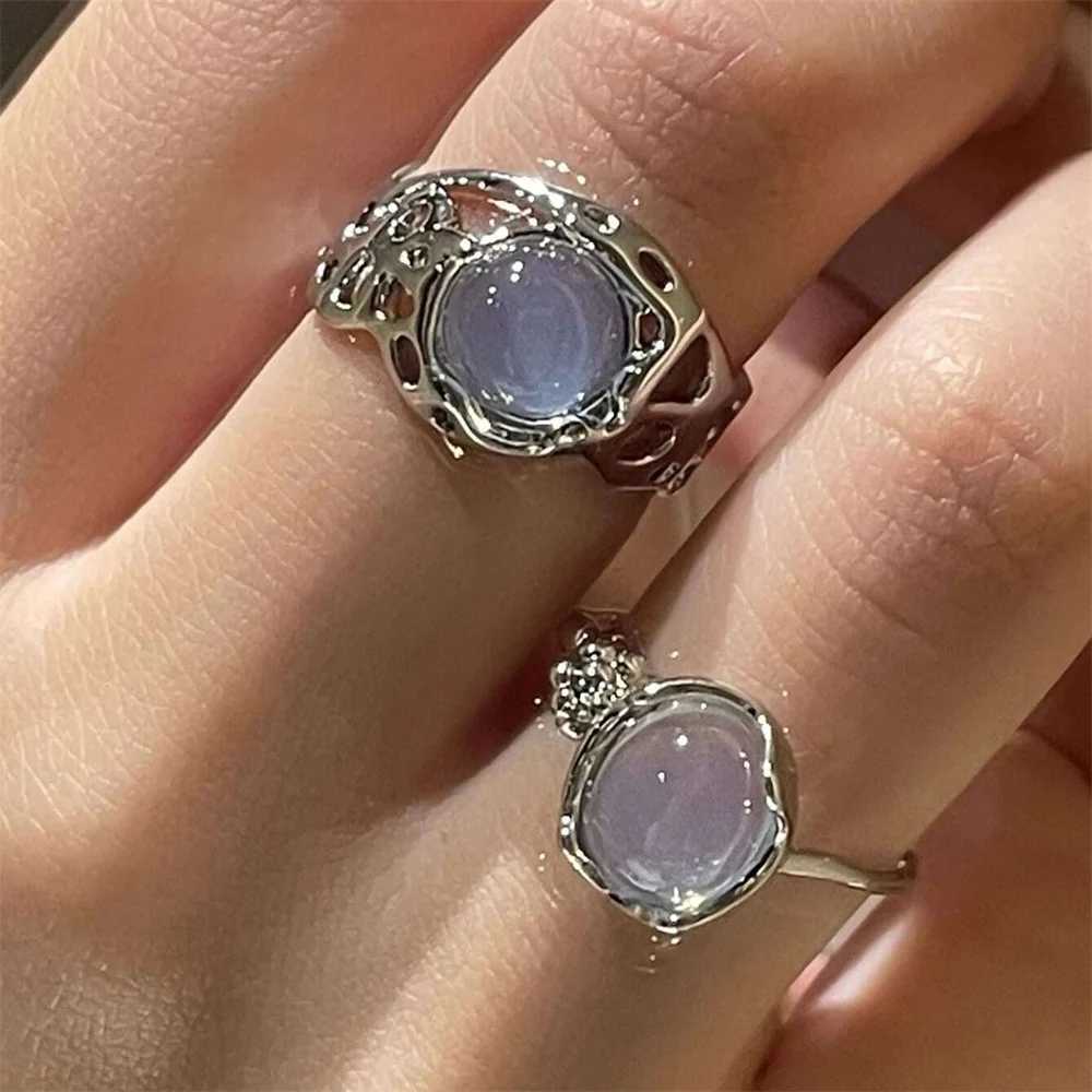 9PCS Set Aesthetic Silver Plated Y2K Irregular Moonstone Gemstone Rings for Women Teens Kpop Dainty Heart Open Ring Gift JewelryXJ250219