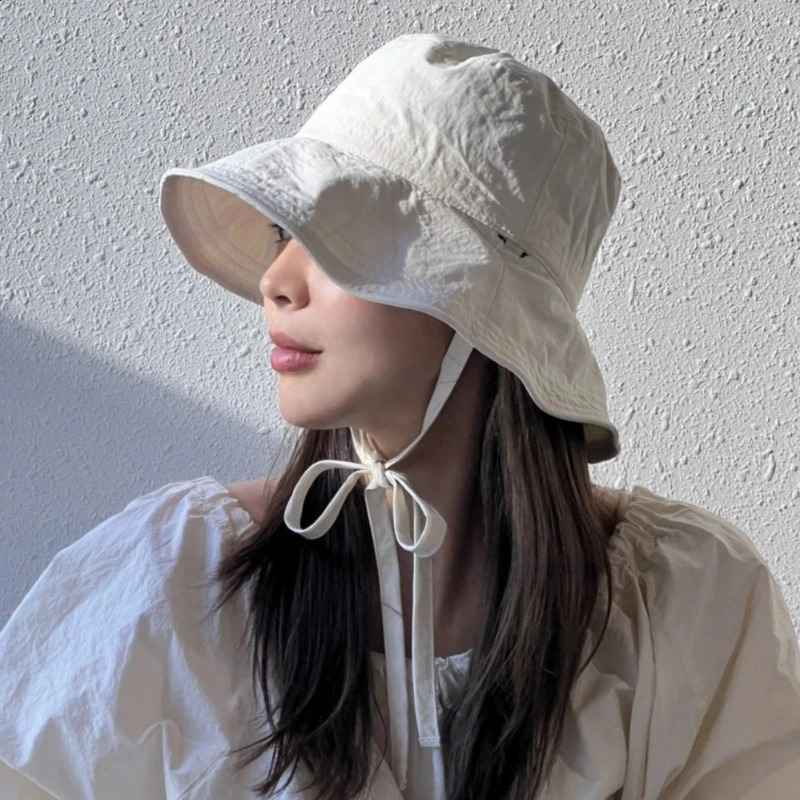 Summer fisherman hat womens lace up wide Brim windproof strap UV resistant sunshade bucket 250117