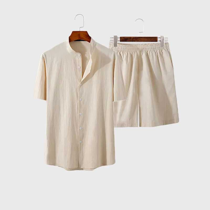 New Mens Hawaiian Set Summer Solid Color Stand Collar Short Sleeve Shirt Beach Shorts Streetwear High Quality 2-Piece Set 2023XJ250218