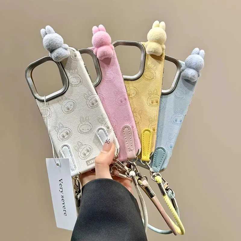 New Arrival New trendy doll Labubu anti-fall phone case 3D plush flocking doll non-cold hand anti-fall phone case Iphone 16/15 pro O250219