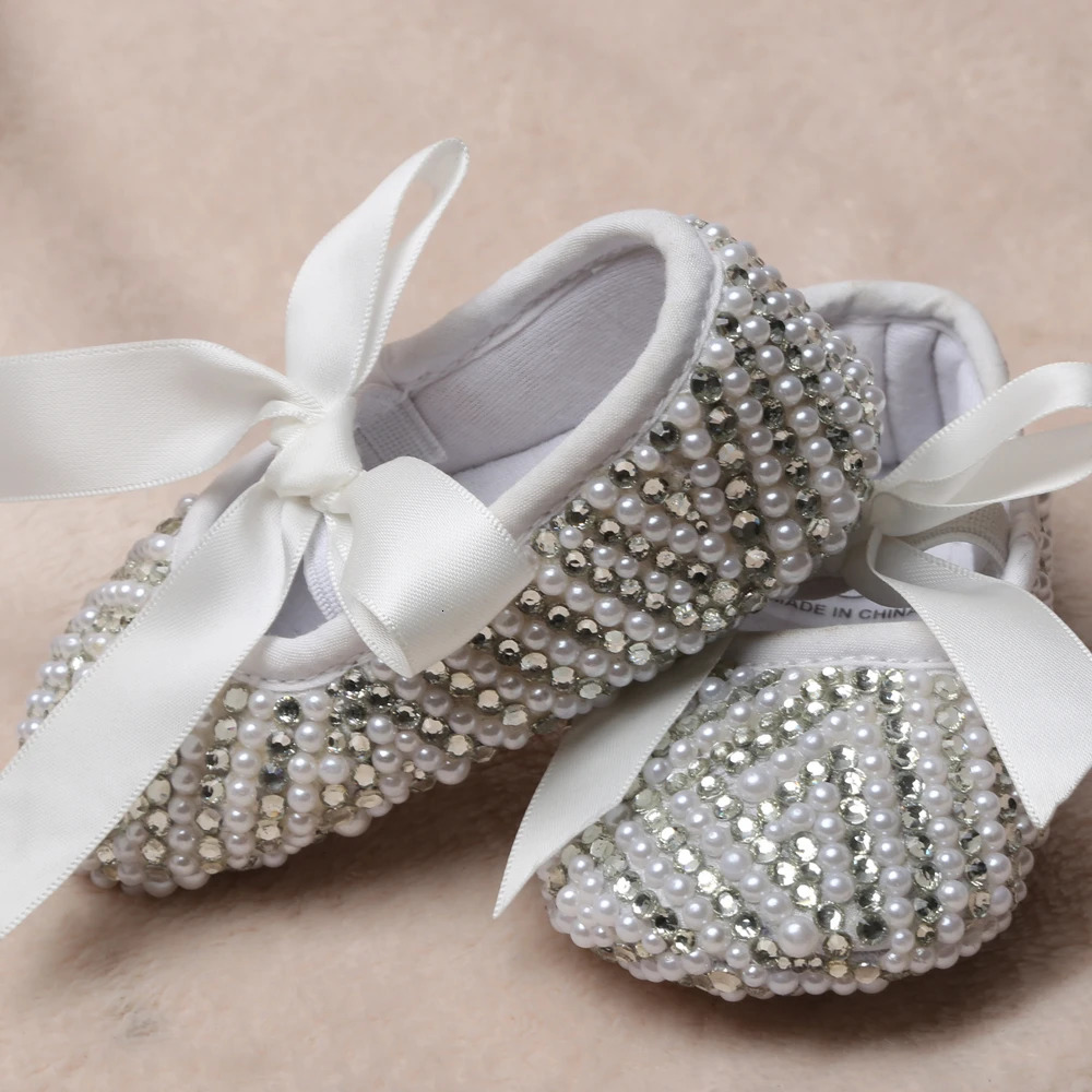 Dollbling Princess Girl Off-white Pearls Ordinal Rhinestone Comfortable Soft Cotton Inner Hook and Loop Toddler Crib Shoes 250219