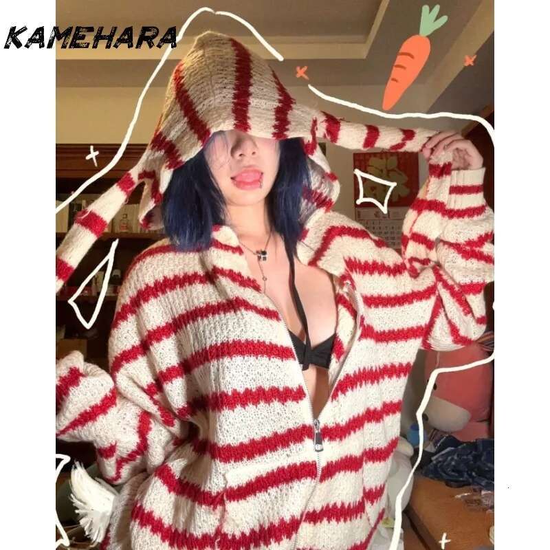 KAMEHARA Japanese Y2k Hooded Cardigan 2000s Aesthetics Rabbit Ears Zipper Knitwear Vintage Haruku Red Stripe Sweater Grunge