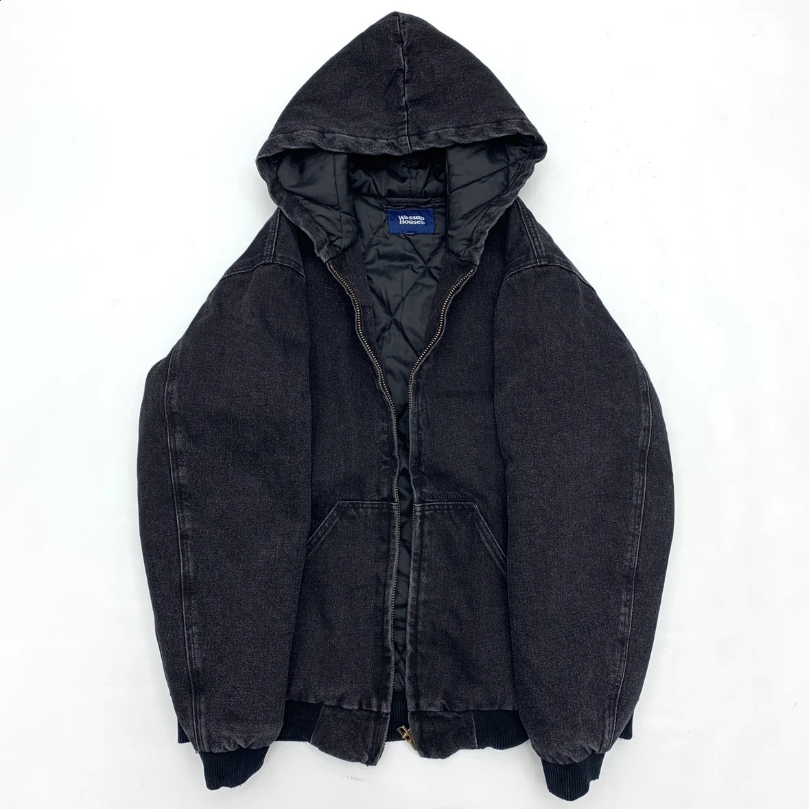 Mens thick cotton padded denim jacket washed zipper hooded loose cotton denim jacket for autumn and winter 250214