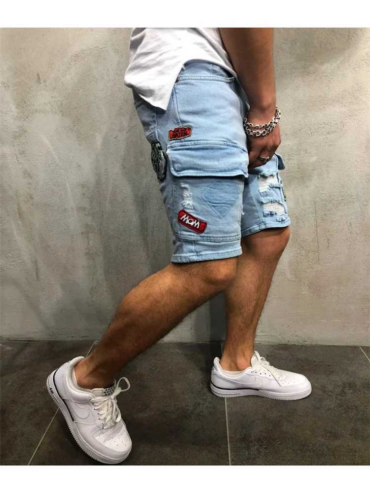 Men's Shorts 2024 clothes Y2K Summer Ripped Shorts Jeans Mens Hip-Hop Badge Pants Stretch Light blue Slim Straight Mens Short Jeans Men z250219