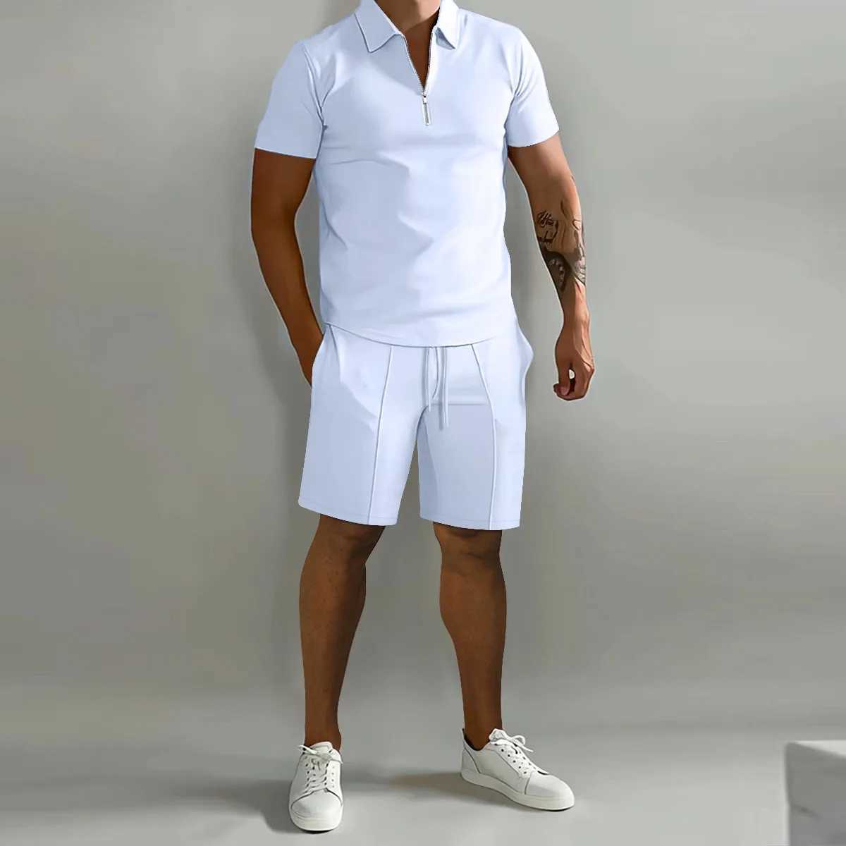 Mens suit solid color polo shirt lapel vertical strip pants short sleeve shorts sports casual loose fashion mens wearXJ250218