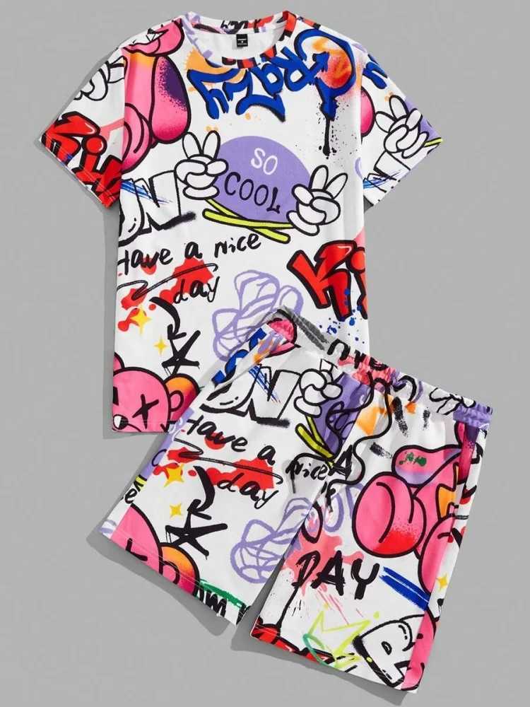3D Graffiti Print Mens Fashion Short Sleeve Shorts Set Summer Casual Everyday Mens T-shirt Outdoor Street Mens Beach ShortsXJ250218