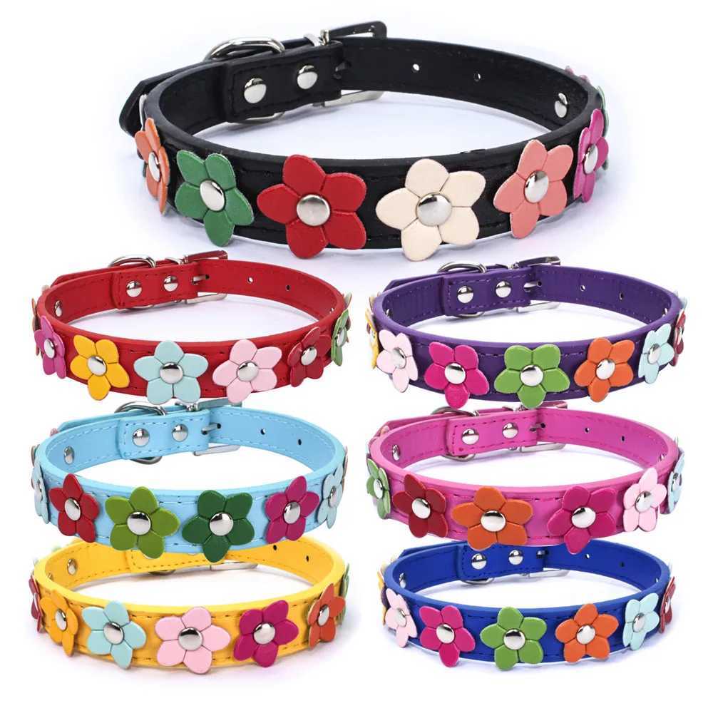 Portable Flowers Pet Dog Collar Leash PU Leather Cat Chain Neck Strap for Small Middle Large Animal Teddy Chihuahua Pug Fashion W250219