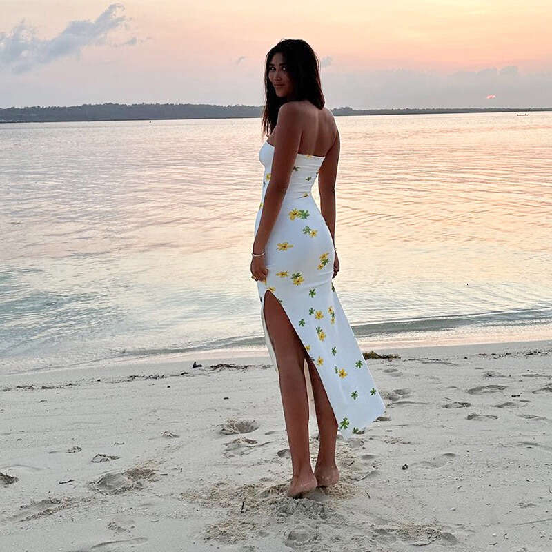 European and American Instagram vacation style sexy wrap chest slim fit wer print slit long dress 2025 new casual fashion trend clothing