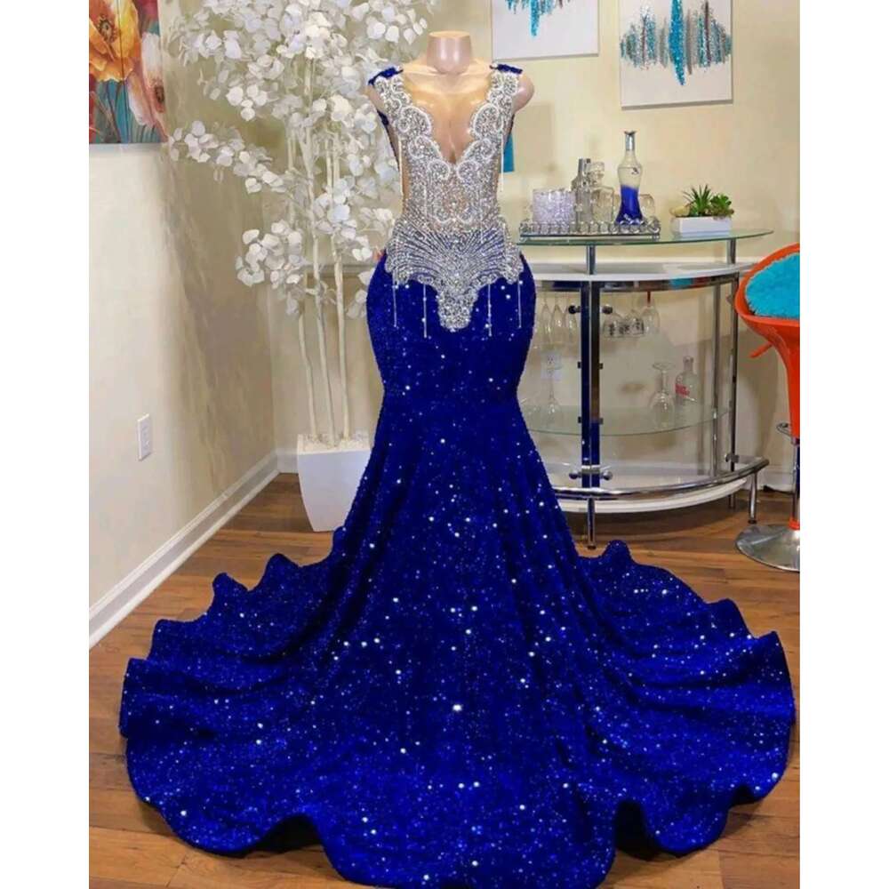 Royal Blue Rhies Prom Dresses Black Girls 2024 Bead Tassel Sparkly Birthday Party African Evening Gala Gowns