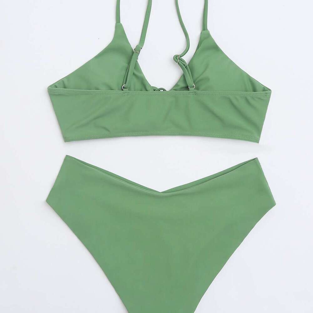 European and American solid color lace up sexy bikini split swimsuit women's 2025 new style temperament chic elegant clothing