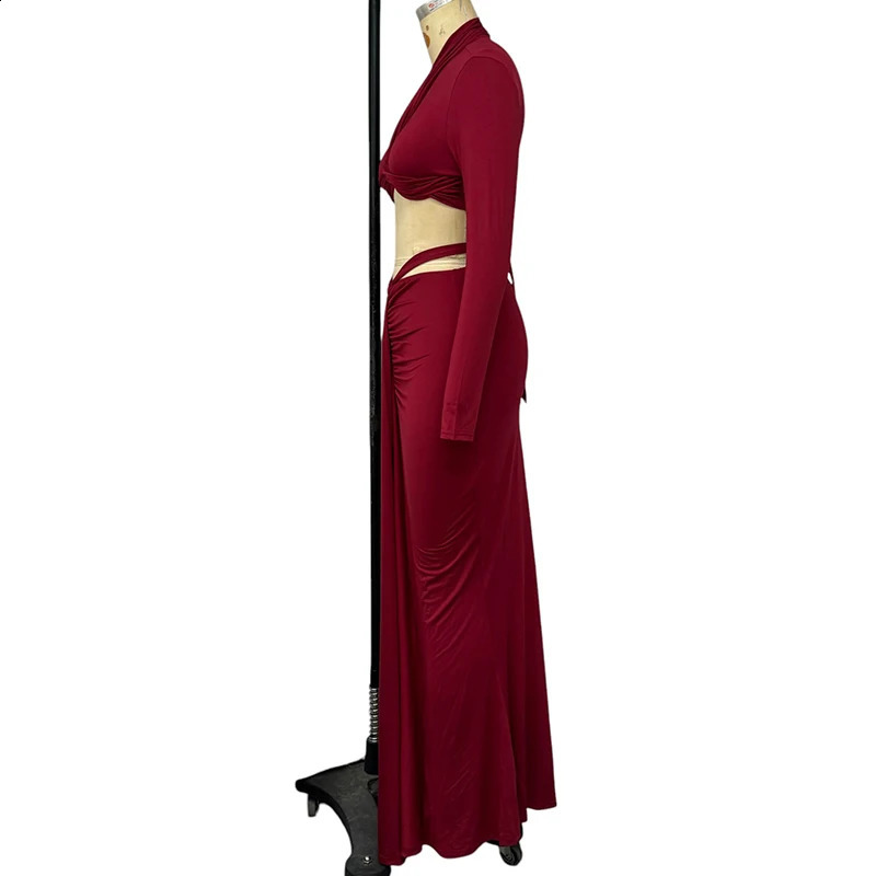 Wefads Two Piece Set Women Sexy Solid Long Sleeve Round Neck High Waist Pullover Top A Line Slim Pleated Hollow Out Skirt Sets 250218