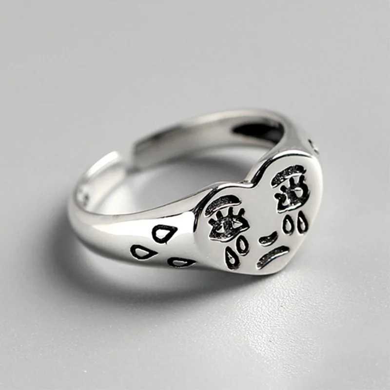 Retro Heart Shape Crying Face Ring For Men Women Silver Color Punk Gothic Open Ring Handmade Unisex Designer Jewelry AccessoriesXJ250219