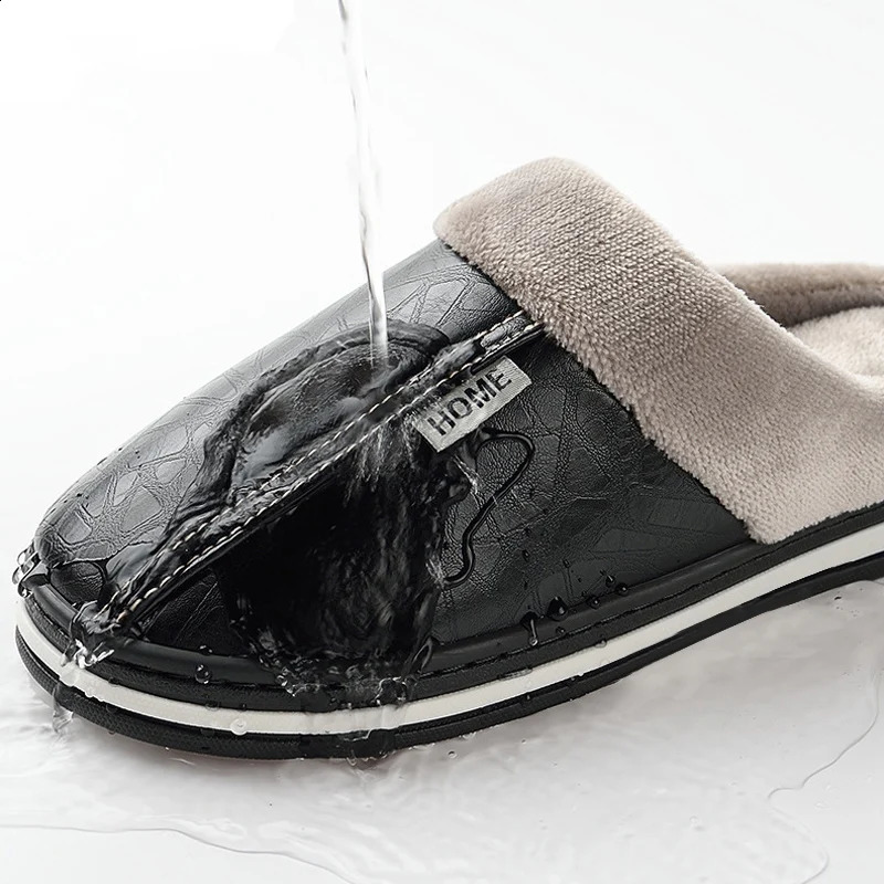 Mens Home Winter Indoor Warm Thick Bottom Plush Waterproof Leather House Man Slippers Cotton Flat Couple Shoes 250218