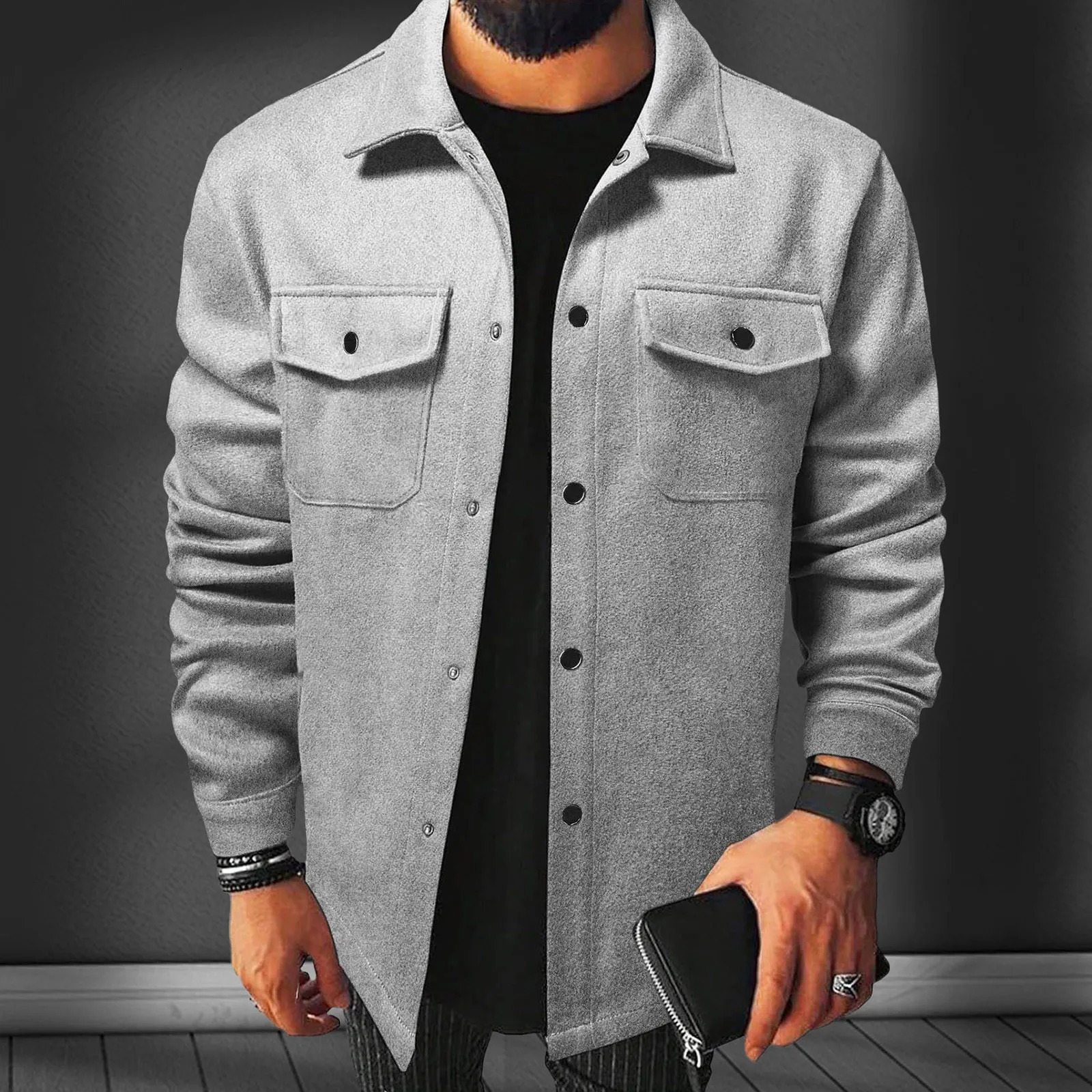 MenS Classic Solid Color Wool Jacket Casual Single Breasted Lapel Shirt Windbreaker Winter Men 250218