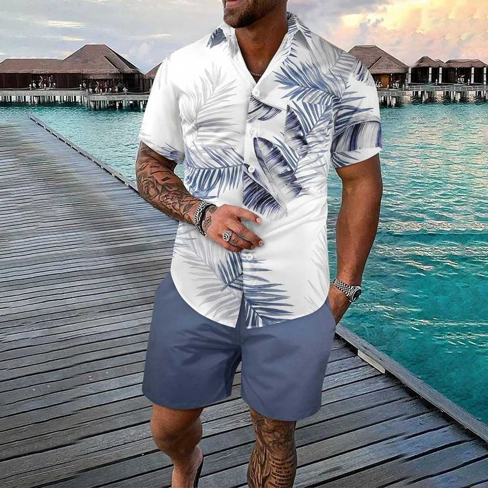Hawaiian Palm Leaf Print Mens Shirt And Shorts 2 Piece Set Casual Vacation Mens Shirt Suit Clothing Short Sleeve Button ShirtsXJ250218