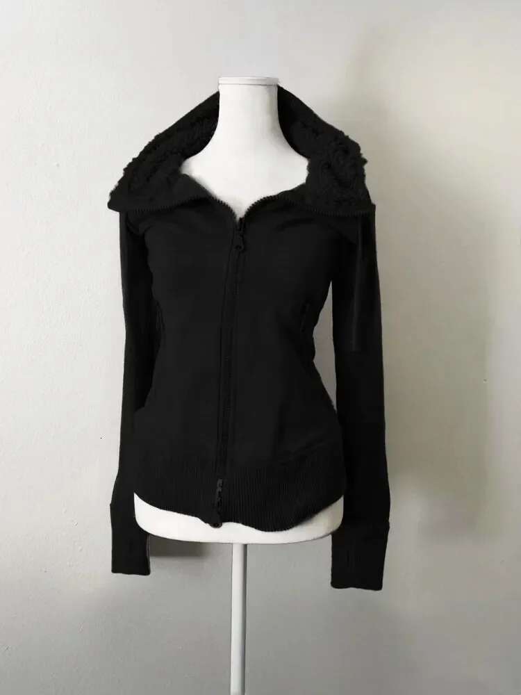 Black Faux Fur Wool Double Zipper Jacket Hoodies Women's Slim Waist Hooded Vintage Y2k Coat Ropa Mujer Casual Fashion Sweatshirt