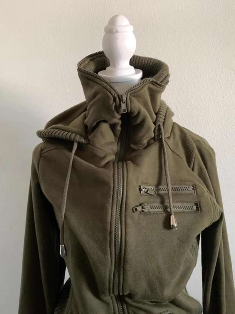 Vintage Stand Collar Slim Fit Hoodeis Solid Versatile Sweatshirts Double Zip Up Element Design Trend Jacket Veet Gothic