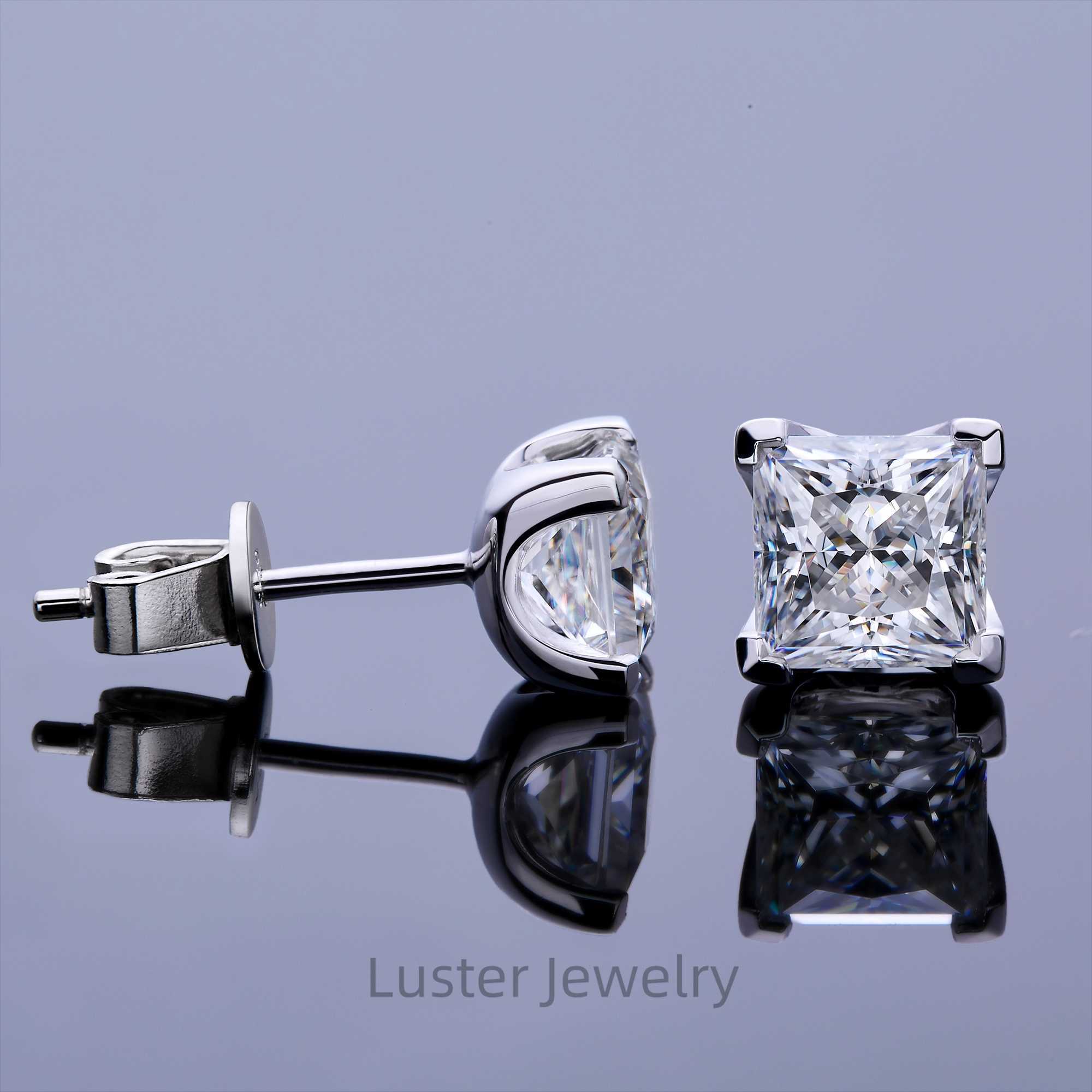 Luster Certified 925 Sterling Silver Moissanite Gemstone Earrings Four Prong 1ct Square Princess Cut Moissanite Stud Earrings