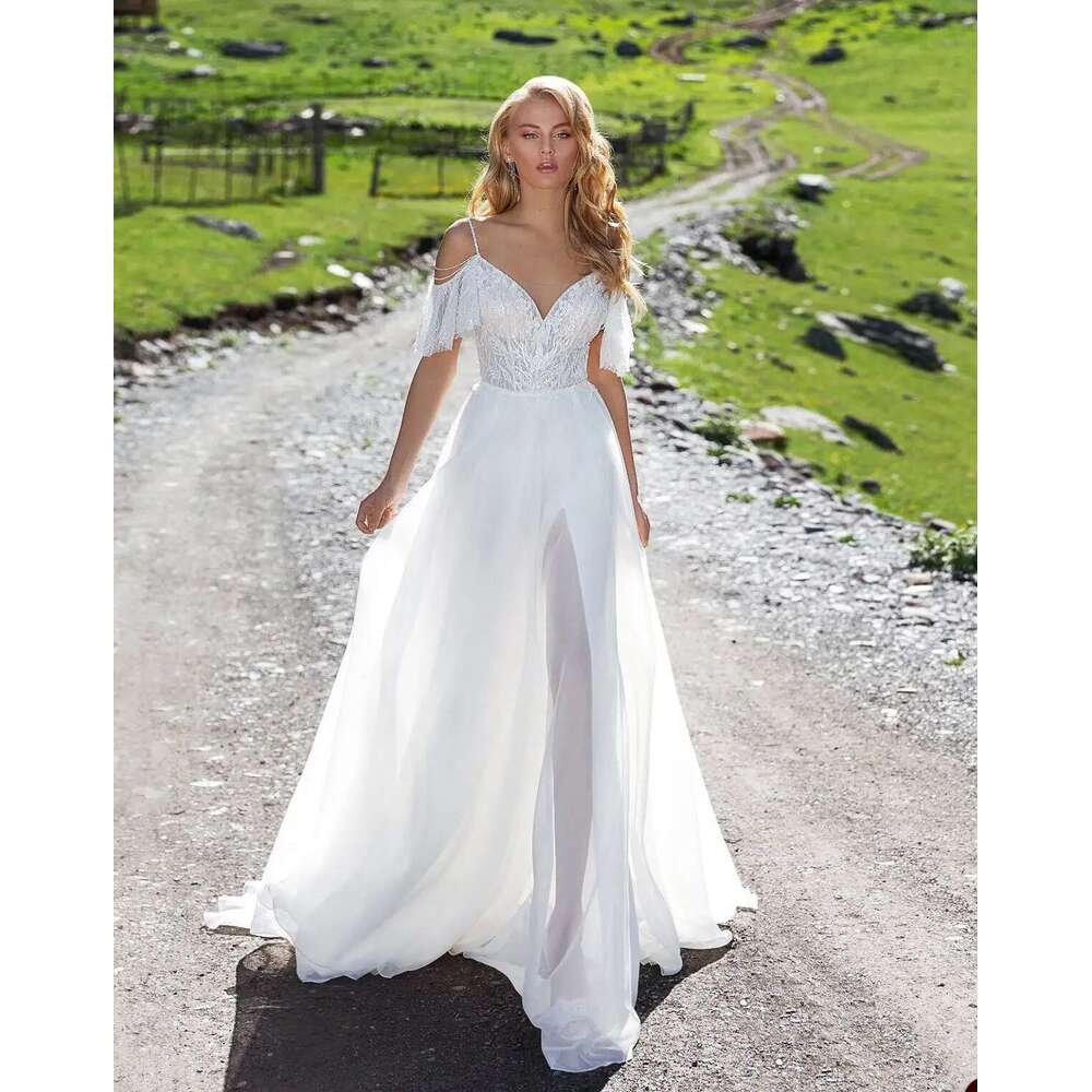 Backless A E Wedding Dresses Beading Lace Spaghetti Strap Side Slit Bridal Gown Sweep Train Vestido De Noiva Customized 6660311