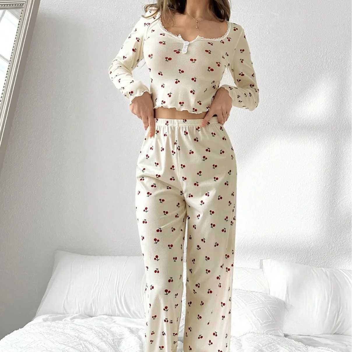 Autumn New Pajamas Women Long Sleeves Trousers Sets V-neck Cherry Print Hem Home Wear 2 PCS Home Clothes Sleepwear Z250219