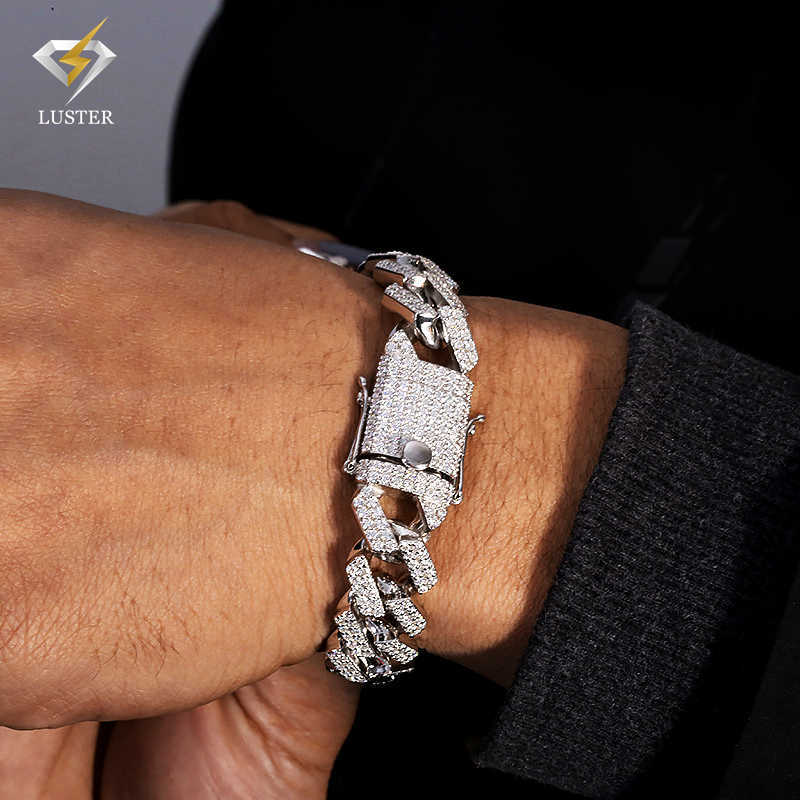 Luster Jewelry 14MM 925 Sterling Silver Iced Out Moissanite Diamond Miami Cuban Mens Hip Hop Bracelet