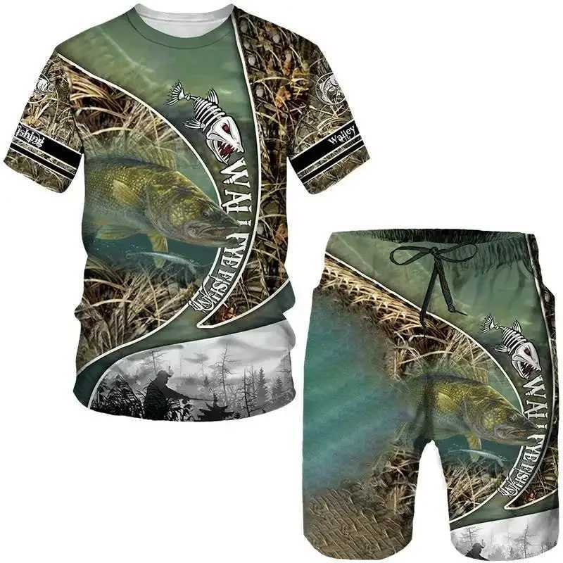 Mens Outdoor Fishing Hunting 3D Print T-shirt Shorts 2-piece Set O-neck Retro Fashion Sports Short Sleeve Pullover High-qualityXJ250218