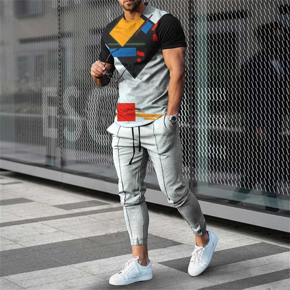 Fashion Colorful Blocks 3D Print Men Sportswear Set Short-Sleeved T Shirt Pants 2-Piece Set Oversized Pullover Men ClothingXJ250218