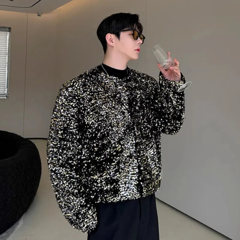 IEFB Niche n Mens Jackets Casual Collarless Sequins Single Breasted Tops Loose Solid Color Trend Male Short Coats 9C7940 250214
