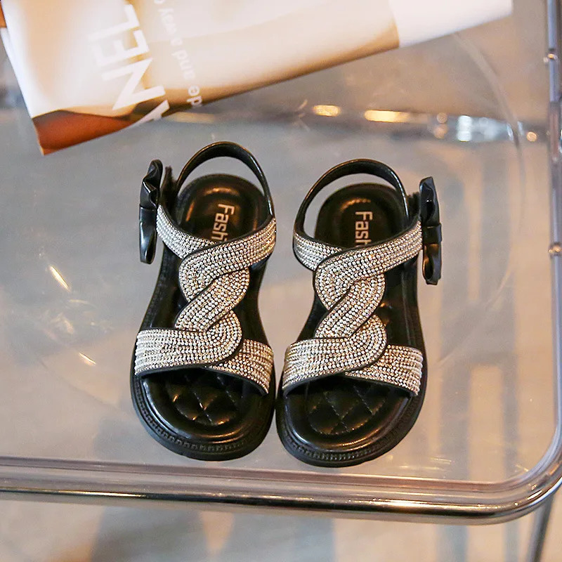 Girls Sandals Fashion Pearls Cute Bow Summer Princess Shoes Soft Flats Rhinestone Children Beach Kids Footwear Size 23-36 H06134 250219