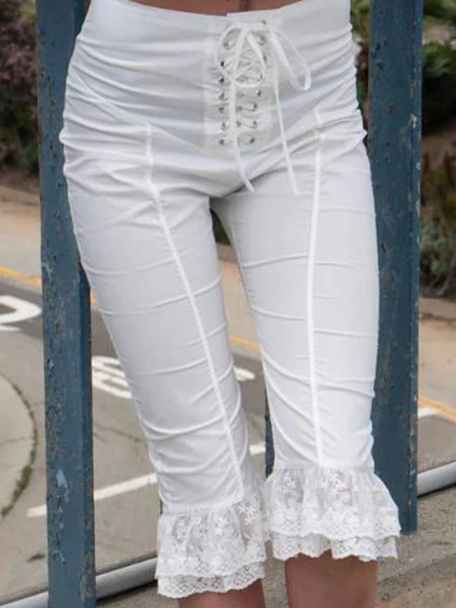 Women Pants Lace Ruffles Front Cross Tie-Up Summer Casual Cropped Pants Stretch Crop Leggings 250218