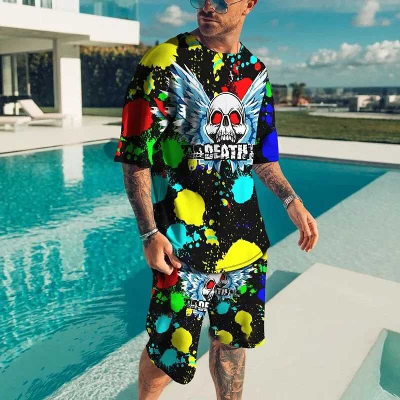 Men Summer Fashion 3D Print T-shirts Creative Casual Colorful Short Sleeved Pullover Clothes Two-piece Beach Shorts High-qualityXJ250218