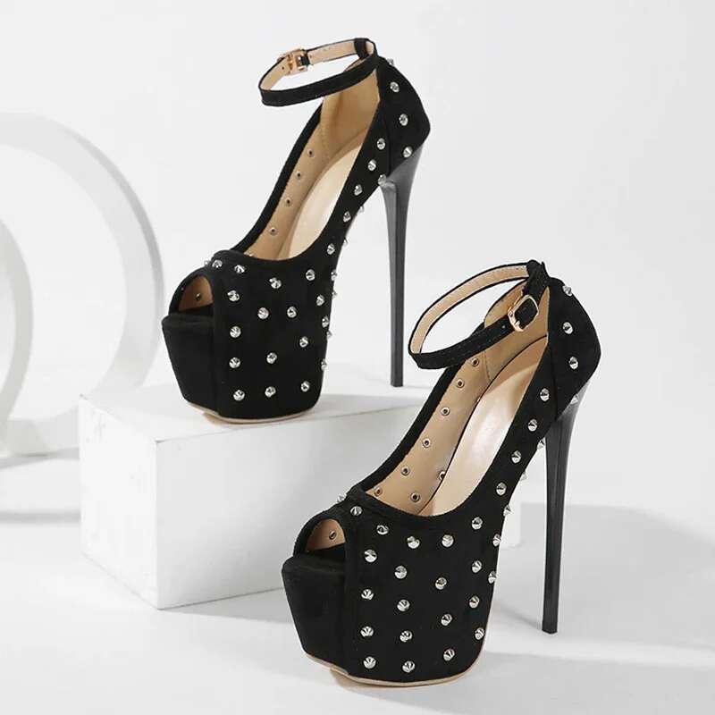 Elegant Super Thin High Heels Women Sandals Design Style Rivet Platform Peep Toe Buckle Strap Nightclub Party Shoes