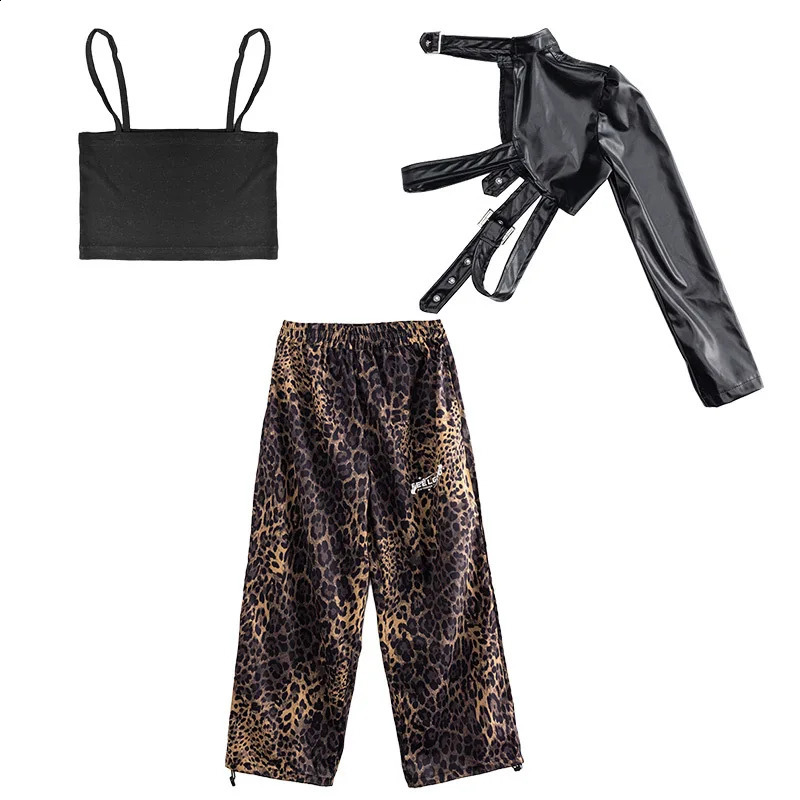 Chidren Summer Girls costume hip hop costume cotton black short sleeve crop shirt A-line pants 2 piece jazz costume set 250218