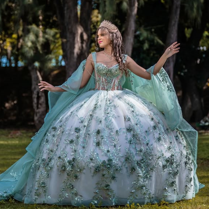 Mint Green Shiny Quinceanera Dresses Ball Gown Off The Shoulder Applique Lace Beads Tull Party Birthday Sweet 16 Dress Vestido 15 De anos
