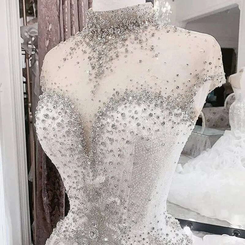 Customized High Neck Arabic Aso Ebi urious Beaded Crystals Wedding Dress Organza Multi-Layered Ruffles Bridal Gowns