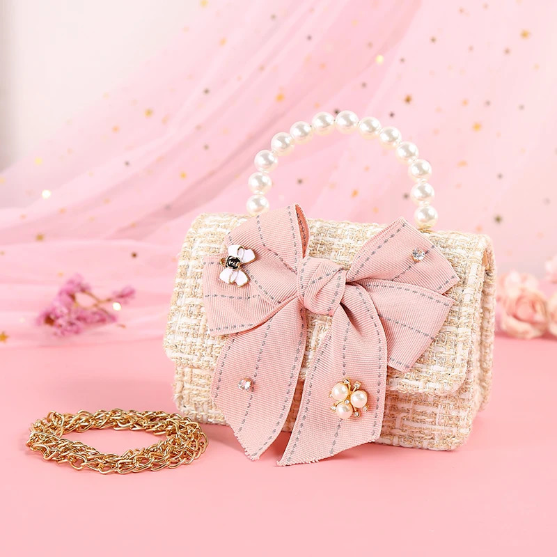 Kids Linen Purses and Handbags Cute Girls Princess Mini Crossbody Bag Bowknot Toddler Party Pearl Tote Hand Bags Gift 250219