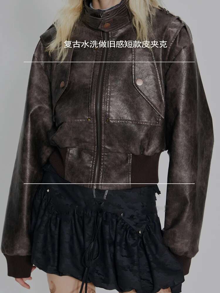 Lautaro Spring Autumn Cool Handsome Short Distressed Brown Waterproof Pu Leather Jacket Women Zip Up Designer Clothes