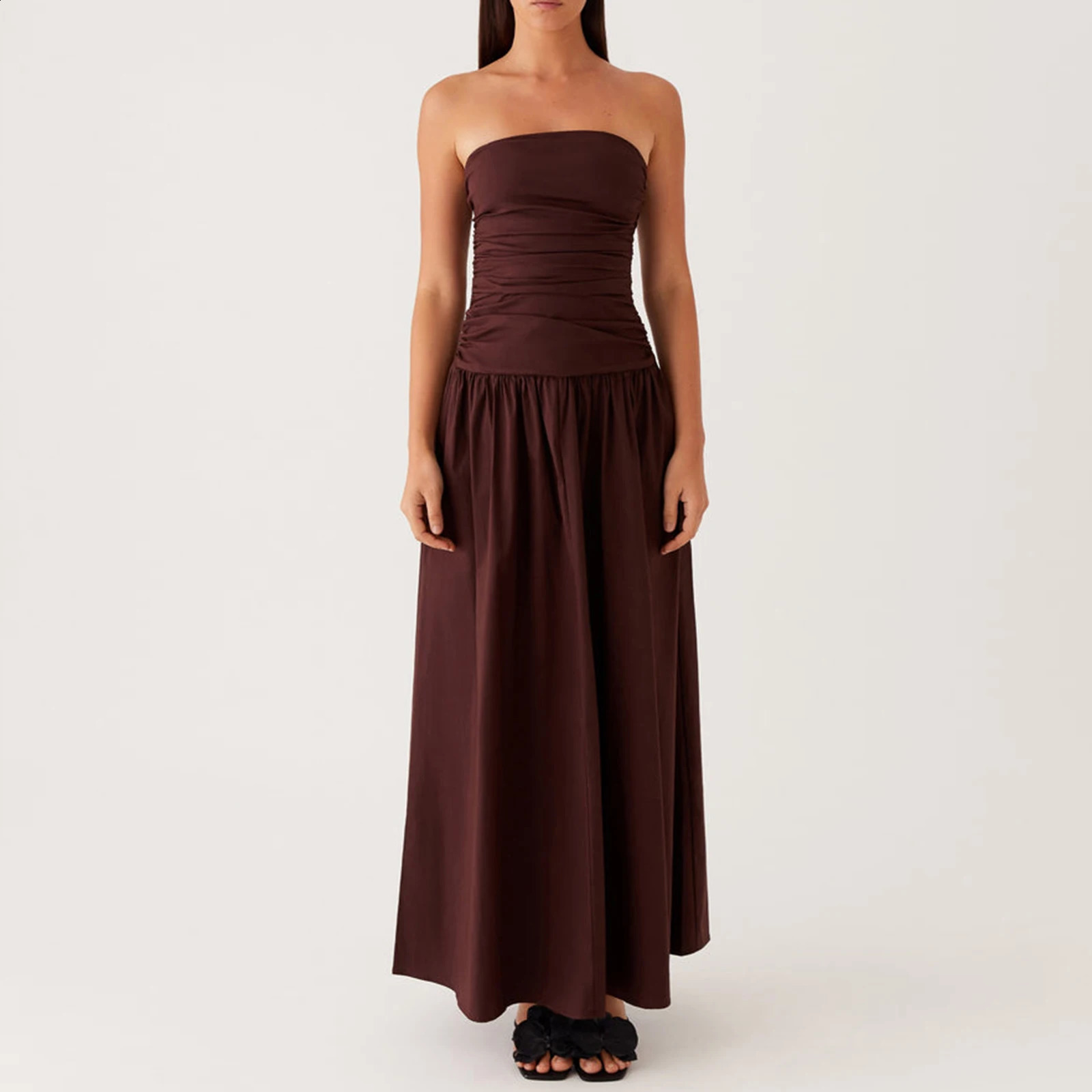 Elegant Strapless Maxi Tube Dress Women Ruched Long Sundress Boat Neck Sleeveless Strapless Flowy Dresses Party Clubwear 250218